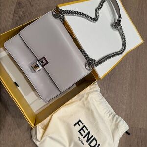 Fendi Light Gray Leather Crossbody with Silver Chain